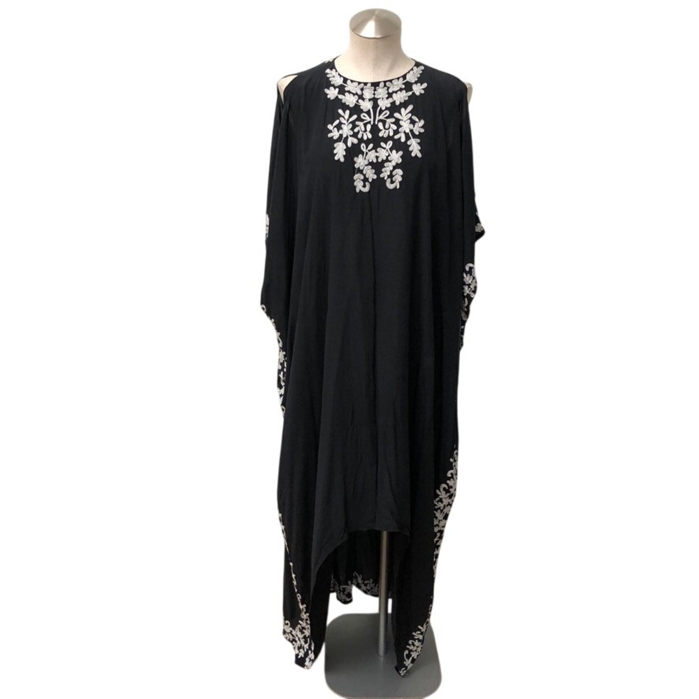 Taj by Sabrina Crippa Kaftan Dress Womens M Black Floral Embroidered Silk